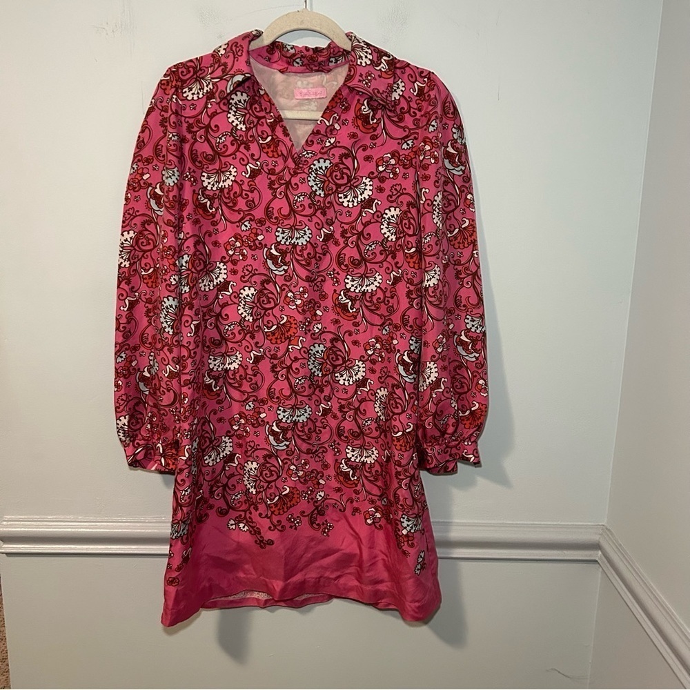 Lilly Pulitzer 100% Silk Hotty Pink Ring My Chines Floral Mini Dress Size Small